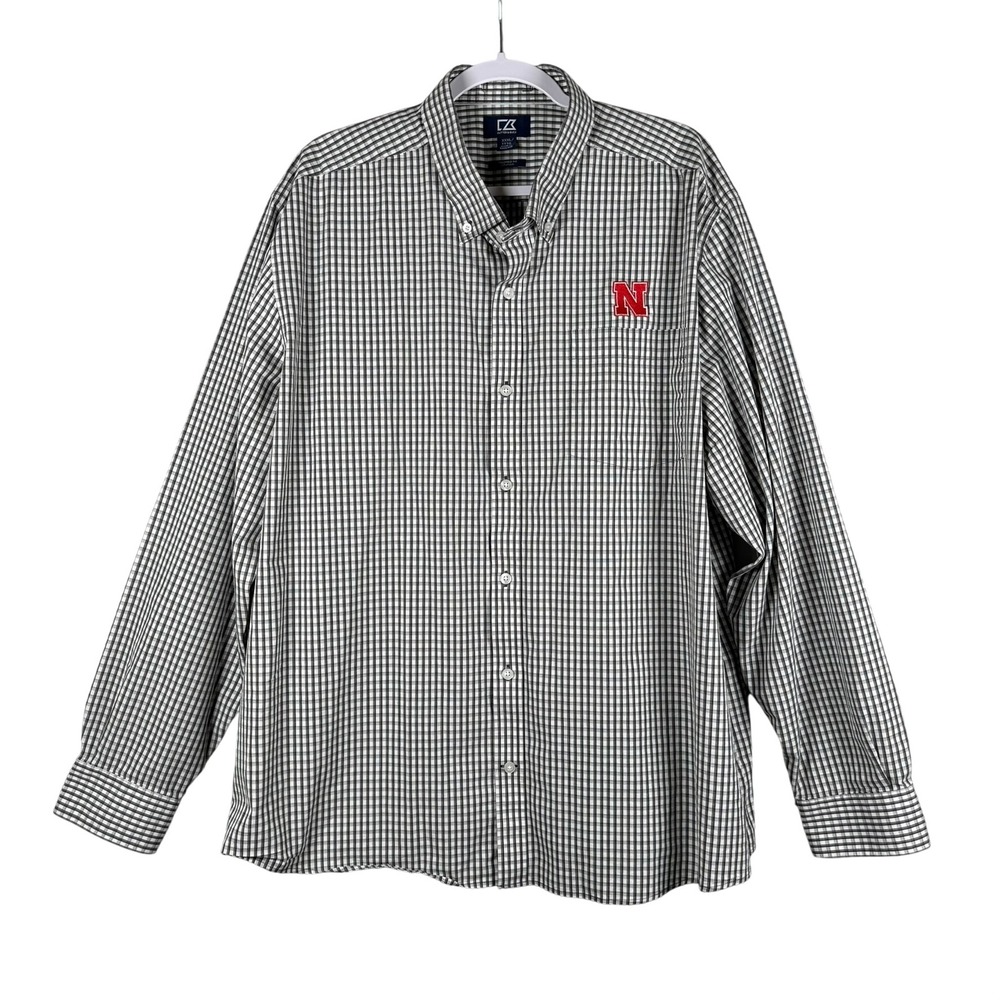 Cutter & Buck Mens 3XL Shirt Black White Gingham Nebraska Huskers Tailored Fit